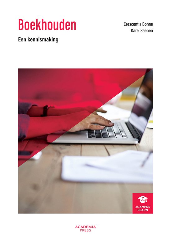 Boekhouden, rode titel. Een persoon typt op een laptop. Rode en witte achtergrond.