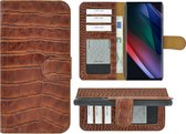 Oppo Find X3 Neo Hoesje - Bookcase - Oppo Find X3 Neo Wallet Book Case Echt Leer Croco Kaneelbruin Cover