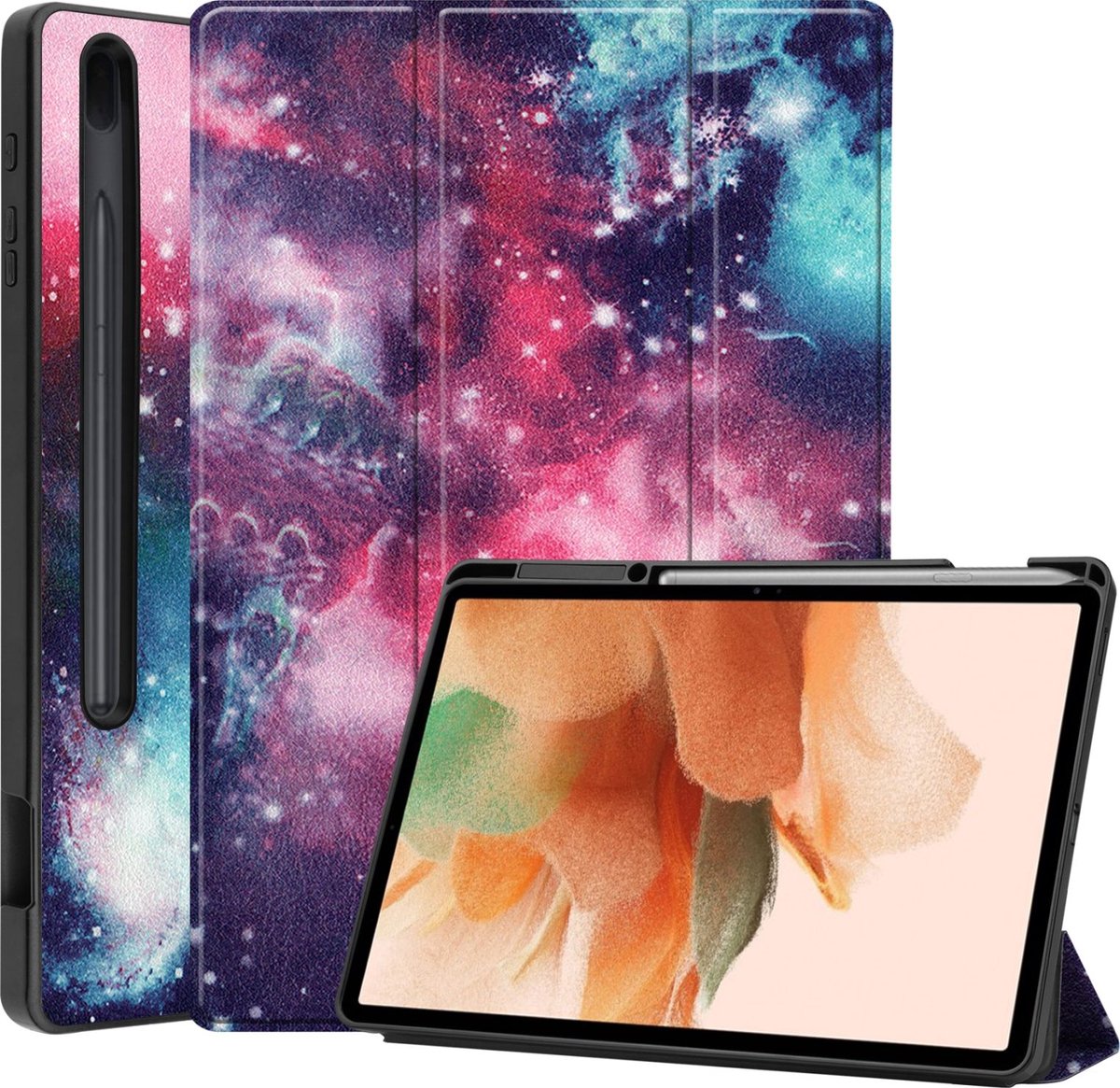 Mobigear Tablethoes geschikt voor Samsung Galaxy Tab S7 FE Hoes | Mobigear Tri-Fold Gel Bookcase + Stylus Houder - Milky Way