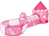 3-in-1 Speeltent, pop-up, met tunnel, balbad, basketbalkorf, voor kinderen, voor binnen en buiten, met eenhoorn/princess-motief roze