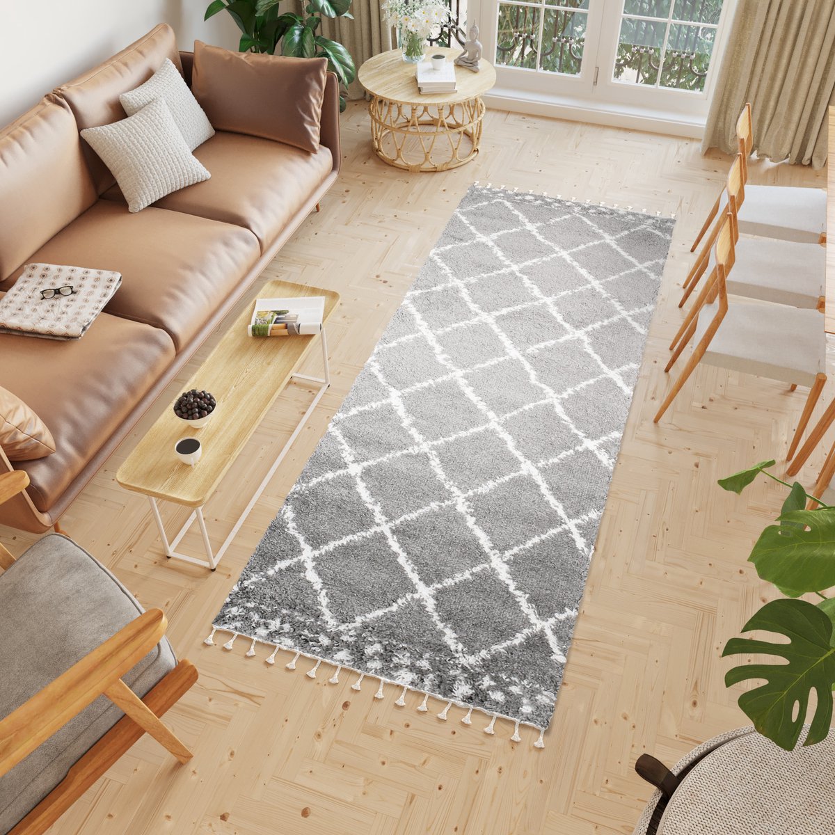 Tapiso Boho Loper Grijs Kwastjes Hoogpolig Modern Woonkamer Vloerkleed Maat- 80x250 Grijs Creme 1