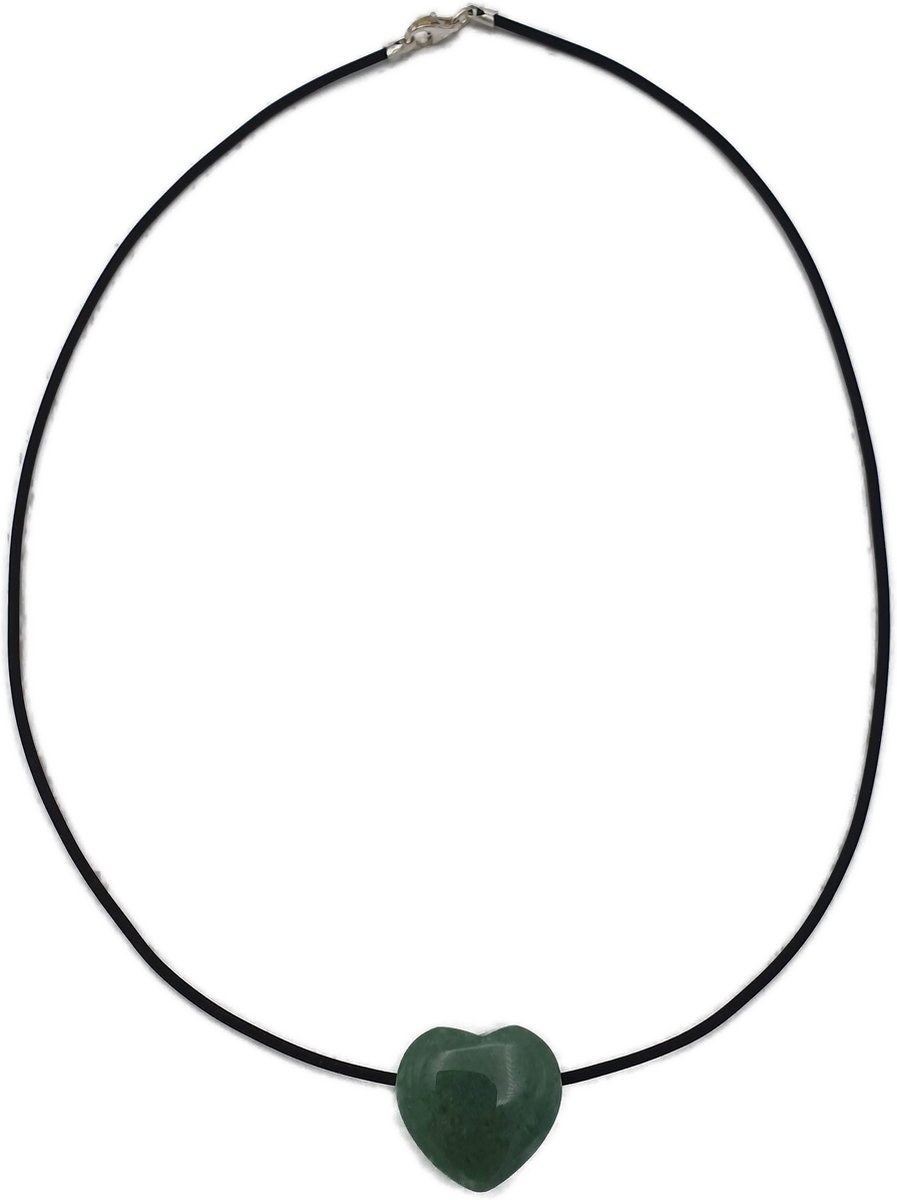 H-Beau - Halsketting - Edelsteen – Natuursteen - Aventurijn – Hartje - Dames - Rubber - lengte 45cm - Gepolijst - Groen - Sterrenbeeld - Stier - Tweeling – Maagd – Collier – Geschenk – Cadeau - Hanger