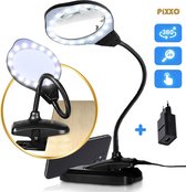 PiXXO® Loeplamp met LED verlichting | Zeer Heldere SMD LED's - 2 in 1 Voet & Tafelklem - Dimbaar - Leeslamp - Bureaulamp - 2x/4x Vergroting - Diamond Painting - incl. USB-stekker