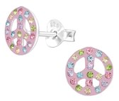 Joy|S - Zilveren peace oorbellen - roze met kristal multicolor - 8 mm