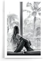 Walljar - Girl Looking Out The Window - Zwart wit poster