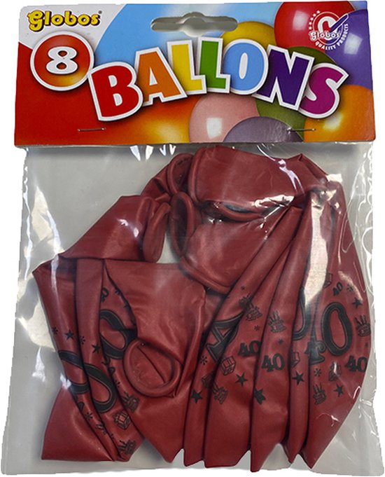 Ballonnen 40 jaar - 8 stuks in zakje - rood metallic - biologisch afbreekbaar