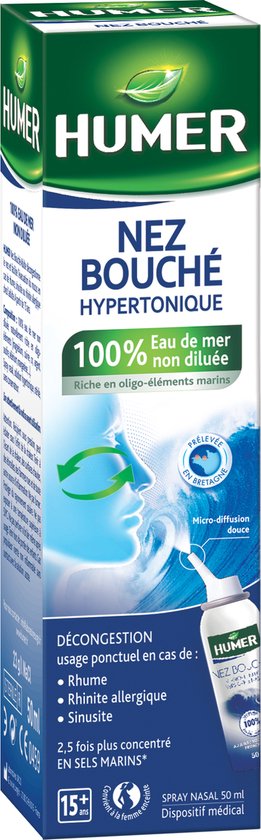 Humer - Neusspray Volwassenen - 100% zeewater - Hypertoon - Verstopte neus - vanaf 15 jaar - 50ml