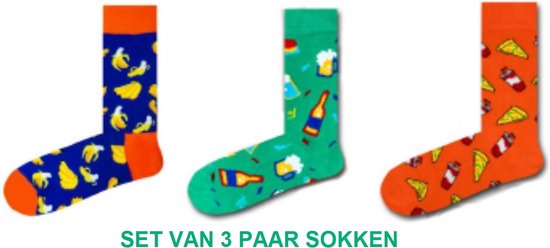 Fun sokken - set van 3 paar heren sokken - pizza / bier / banaan - in doosje - maat 40 tot 46 - cadeau set