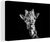 Canvas Schilderij Giraf afgebeeld in zwart-wit weergegeven op een zwarte achtergrond - 120x80 cm - Wanddecoratie