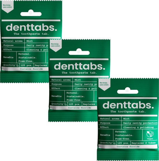Denttabs tandpastatabletten Mint - met fluor - 3x 125 stuks - vegan - plasticvrij