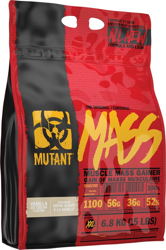 Gele, zwarte en rode verpakking met de tekst 'MUTANT MASS'. De verpakking vermeldt 'Vanilla Ice Cream Flavour'.