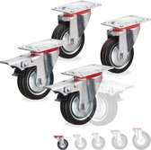 zwenkwielen set van 4 - Ø 75 mm - kogellager - draaglast 200 kg - met rem - zwart