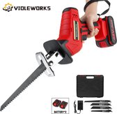 VIOLEWORKS Accu Reciprozaag -18V 1300mAhmAh -4 bladen -max. 300 mm in hout - voor uitdagende zaagklussen in diverse soorten materiaal (Incl. 2 lithium-ion-accu ) - Rood