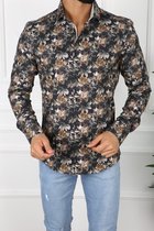 Heren overhemd Lange mouwen- Zwart bloemenprint- MarshallDenim Maat S