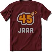 45 Jaar Feest T-Shirt | Goud - Zilver | Grappig Verjaardag Cadeau Shirt | Dames - Heren - Unisex | Tshirt Kleding Kado | - Burgundy - L