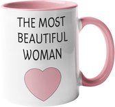 Bedrukte Mok voor vrouw | The most beautiful woman met roze hart | roze mok |  cadeaumok met roze binnenzijde en roze oor | Cadeau voor Valentijn - verjaardag - Kerst - Sinterklaas