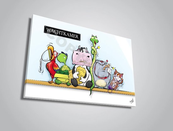 Dessin animé vétérinaire sur toile - Roland Hols - Animaux dans la salle d'attente - 60 x 90 cm - Cadre en bois 4 cm d'épaisseur