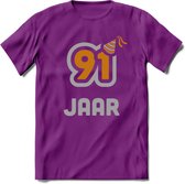 91 Jaar Feest T-Shirt | Goud - Zilver | Grappig Verjaardag Cadeau Shirt | Dames - Heren - Unisex | Tshirt Kleding Kado | - Paars - S