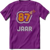 87 Jaar Feest T-Shirt | Goud - Zilver | Grappig Verjaardag Cadeau Shirt | Dames - Heren - Unisex | Tshirt Kleding Kado | - Paars - L