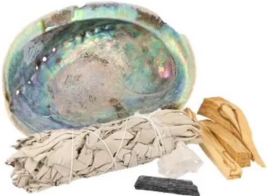 Abalone Schelp -  Smudge Kit - Toermalijn - Kristal - Salie - Palo Santo - Reinigingsset van omgeving - Mediteren - Yoga - Edelsteen - Wierook - Chakra - Ruben Robijn