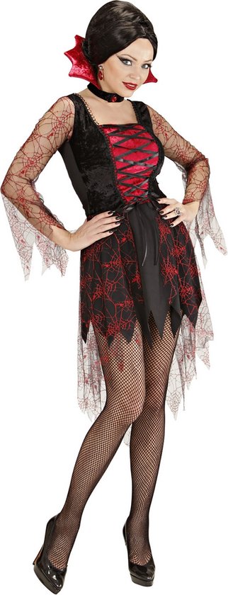 Widmann - Vampier & Dracula Kostuum - Doorzichtig Spiderweb Vampier - Vrouw - Rood, Zwart - Medium - Halloween - Verkleedkleding