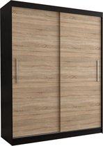 InspireMe- Zweefdeurkast Kledingkast Garderobekast met planken en kledingstang - 150x61x200 cm (BxDxH) - LARA 04 (Zwart+Sonoma)