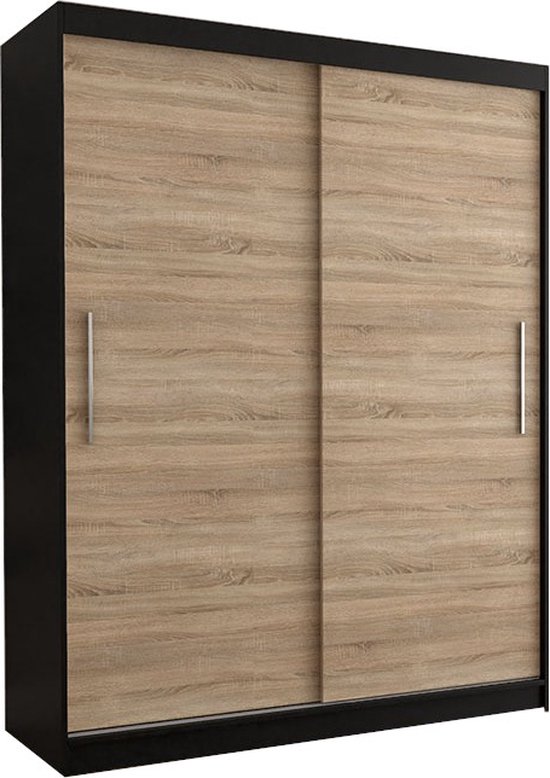 E-MEUBILAIR Zweefdeurkast Kledingkast Garderobekast met planken en kledingstang - 150x61x200 cm (BxDxH) - LARA 04 (Sonoma)