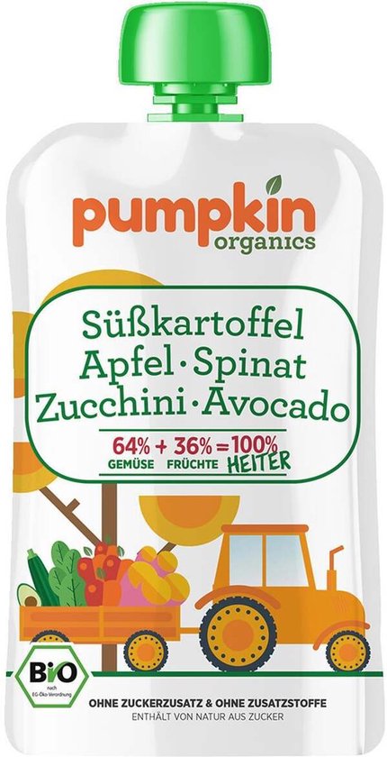 Pumpkin Organics Knijpzakje - "HEITER" met met Avocado, Courgette, Zoete Aardappel, Spinazie en Appel - 12 Maanden - Biologische Babyvoeding - 8 Stuks