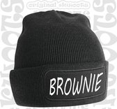 BROWNIE muts - Zwart - Beanie - One Size - Unisex - Grappige teksten - Quotes - Kwoots - Wintersport - Aprés ski muts