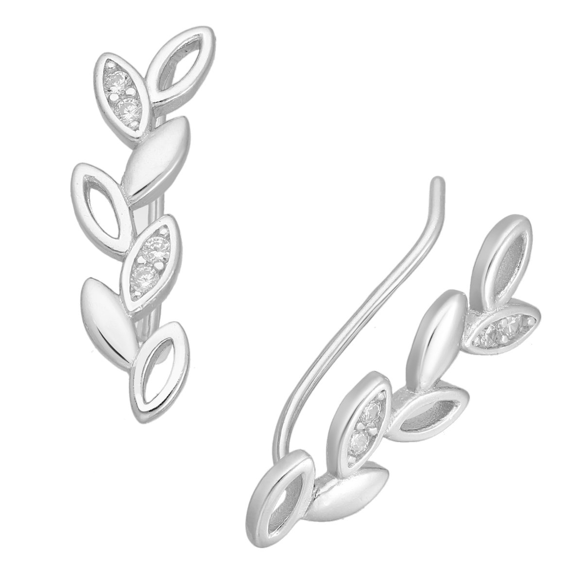 EAR IT UP - Oorklimmers - Ear climbers - Earclimbers - Ear crawlers - Blad - Leaf - Gerhodineerd zilver - Zirkonia - Pavézetting - 18 x 5 mm - 1 paar