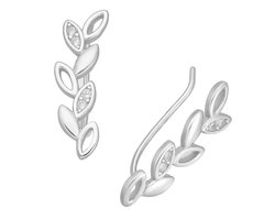 EAR IT UP - Oorklimmers - Ear climbers - Earclimbers - Ear crawlers - Blad - Leaf - Gerhodineerd zilver - Zirkonia - Pavézetting - 18 x 5 mm - 1 paar