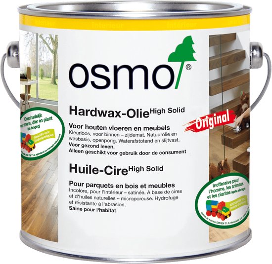 Blik Osmo Hardwax-Olie Original, kleurloos, zijdemat. Beschrijving 'Voor houten vloeren en meubels, kleurloos, voor binnen - zijdemat. Natuurolie en wasbasis'.