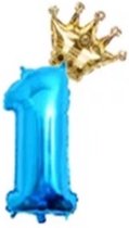 Folieballon Cijfer 1 Jaar MEGA Blauw met Gouden Kroon - 81 CM voor Helium Gas of Lucht - Verjaardag - Feestje