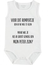 Baby Rompertje met tekst 'Voor dit rompertje ben ik nu nog te klein, maar wil je straks als ik groot genoeg  ben mijn peter zijn?' | mouwloos l | wit zwart | maat 50/56 | cadeau |