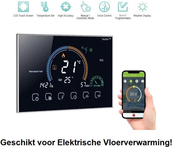 Thermostat intelligent TechU™ avec Wifi - S10A - Zwart - Contrôle avec App,  Google