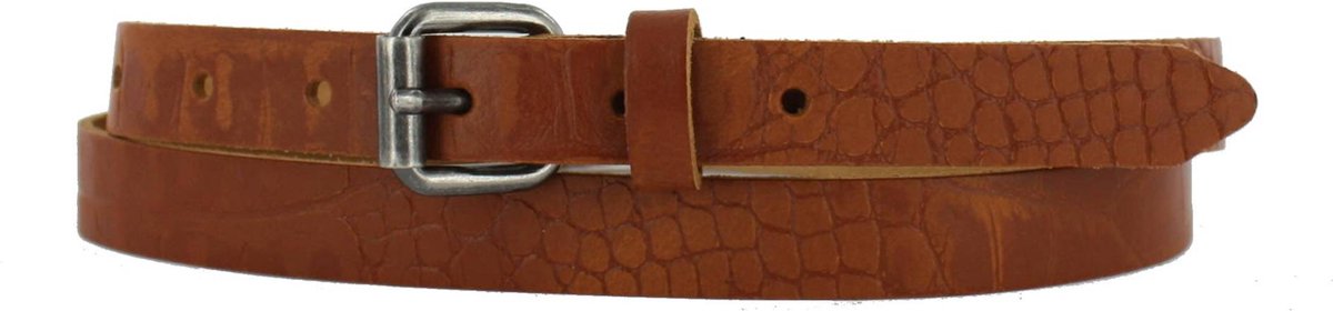 Smalle Leren Dames Riem Krokoprint | 2cm breed | Riemmaat: 95cm (totale lengte: 110cm) | 100% echt leer | Nikkelvrije gesp | Kleur: cognac