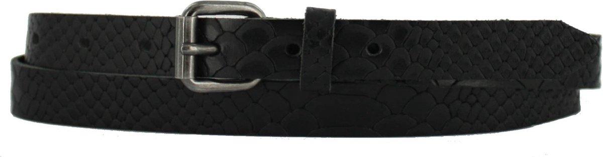 Smalle Leren Dames Riem Krokoprint | 2cm breed | Riemmaat: 75cm (totale lengte: 90cm) | 100% echt leer | Nikkelvrije gesp | Kleur: zwart