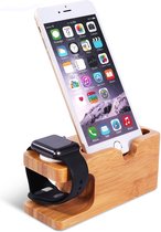 TIKKENS® Bamboe Laadstation Houder - Geschikt voor Apple Watch & iPhone - Watch Docking Station - Laadstation - Geschikt Voor Apple Watch Series 1/2/3/4/5/6/7/SE 38/40/42/44 MM iPhone 3/4/5/6/7/8/X/XS/XR/11/12 Pro Plus Max Mini