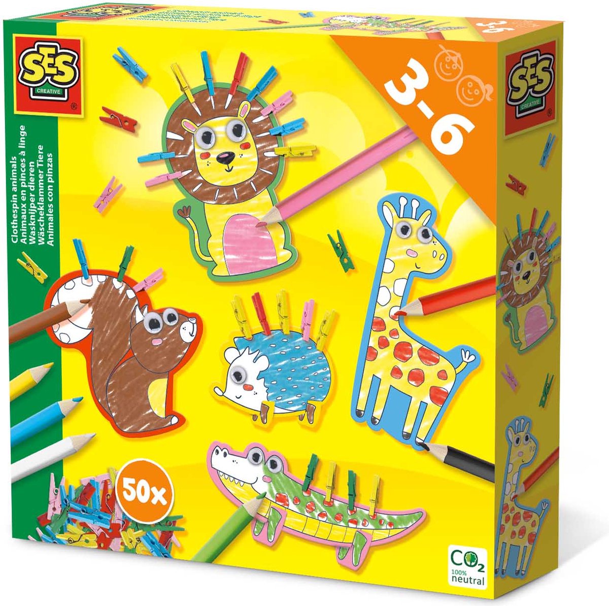 SES - Wasknijper dieren - dierenfiguren kleurplaten - met 8 kleurpotloden, 50 gekleurde mini knijpers en wiebeloog stickers - SES