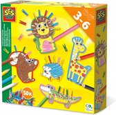 SES - Pinces à linge animaux - coloriages de figures d'animaux - avec 8 crayons de couleur, 50 mini pinces à linge colorées et autocollants yeux écarquillés