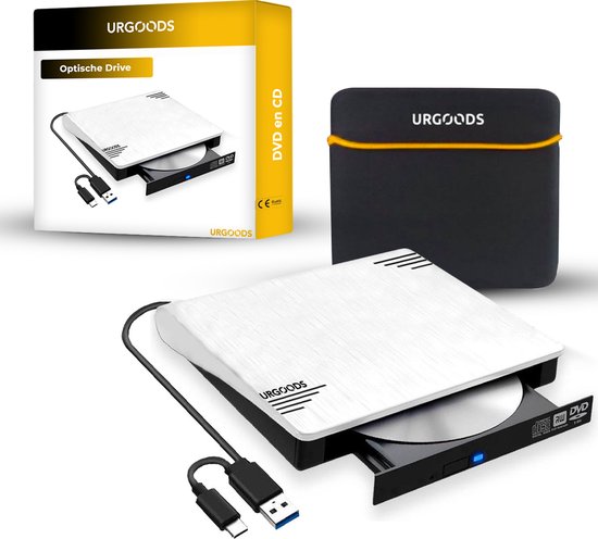 Urgoods® externe dvd / cd speler en brander voor laptop wit - externe dvd brander - windows & mac - usb 3. 0 / c + beschermhoes
