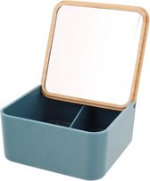 Opbergbox met spiegel - Make-up - Bamboe - 3 opbergvakken - Blauw