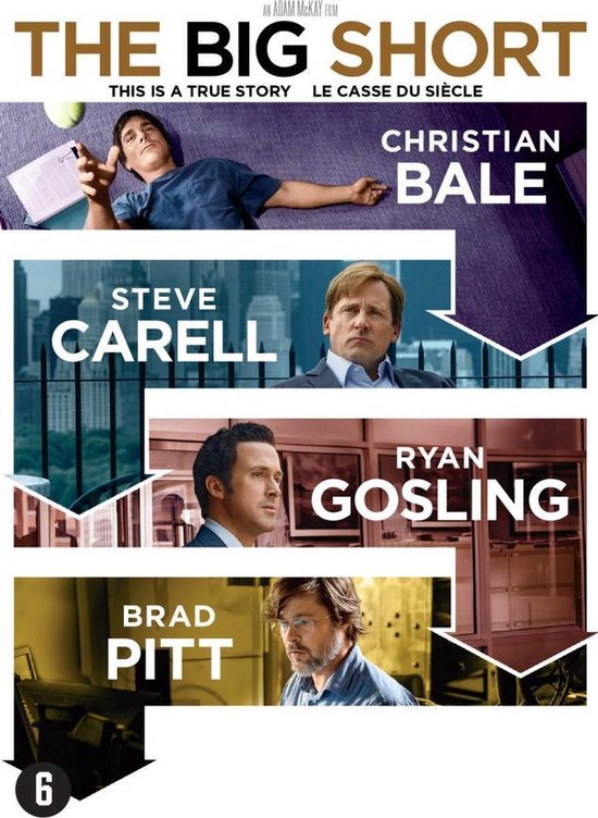 Poster voor "The Big Short" met Christian Bale, Steve Carell, Ryan Gosling en Brad Pitt.