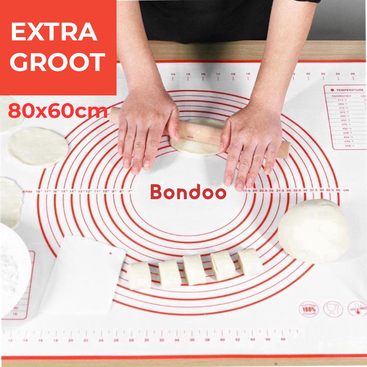 Bondoo Deegmat Extra groot 80x60cm - Silicone - Rood - inclusief Deegschraper