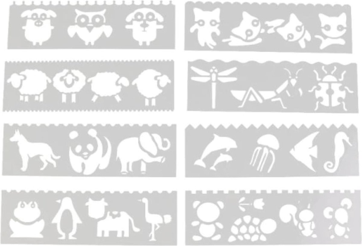 Bullet Journal Plastic Stencils - 8 stuks - Templates - Dieren - Insecten - Vogels - Zoogdieren - Wolf - Muis - Schildpad - Panda - Paard - Konijn - Sjablonen - 5,5 x 18,3cm - Handlettering toolkit - Knutselen - Decoratie - Accessoires