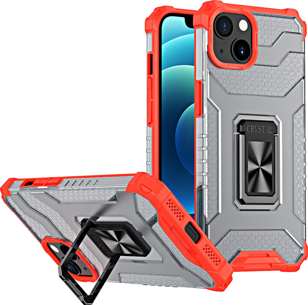 Hoesje Geschikt voor iPhone 13 transparent rugged case Met Ringhouder – Rood