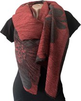 Lange Warme Dames Sjaal - Bloemenprint - 2-Zijdig - Rood - Grijs - 200 x 65 cm (G2)