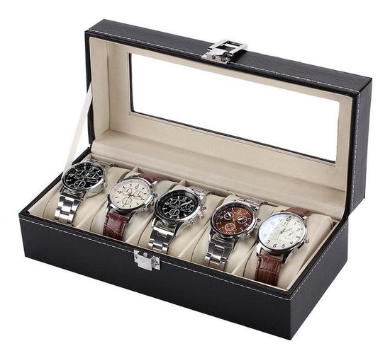 Horlogedoos | Luxe Leren Horloge Box | Geschikt voor Horloges en Sieraden | 5 Compartimenten met 5 Kussentjes | Zwart Leer V2.0