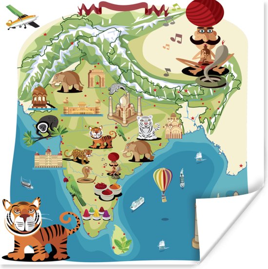 Une illustration de la carte de l'Inde en affiche style cartoon 100x100 cm - Tirage photo sur Poster (décoration murale salon / chambre)