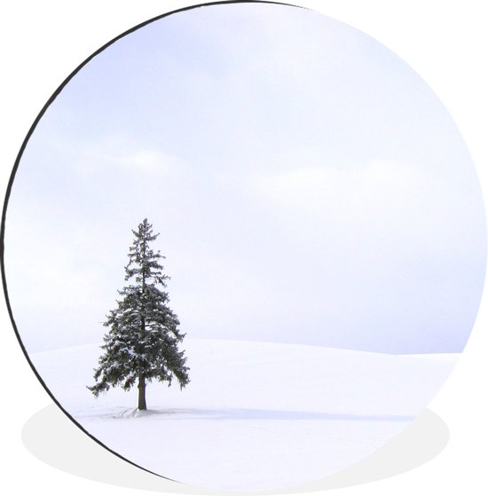 WallCircle - Wandcirkel - Muurcirkel - Een besneeuwde leegte met een dennenboom - Aluminium - Dibond - ⌀ 60 cm - Binnen en Buiten